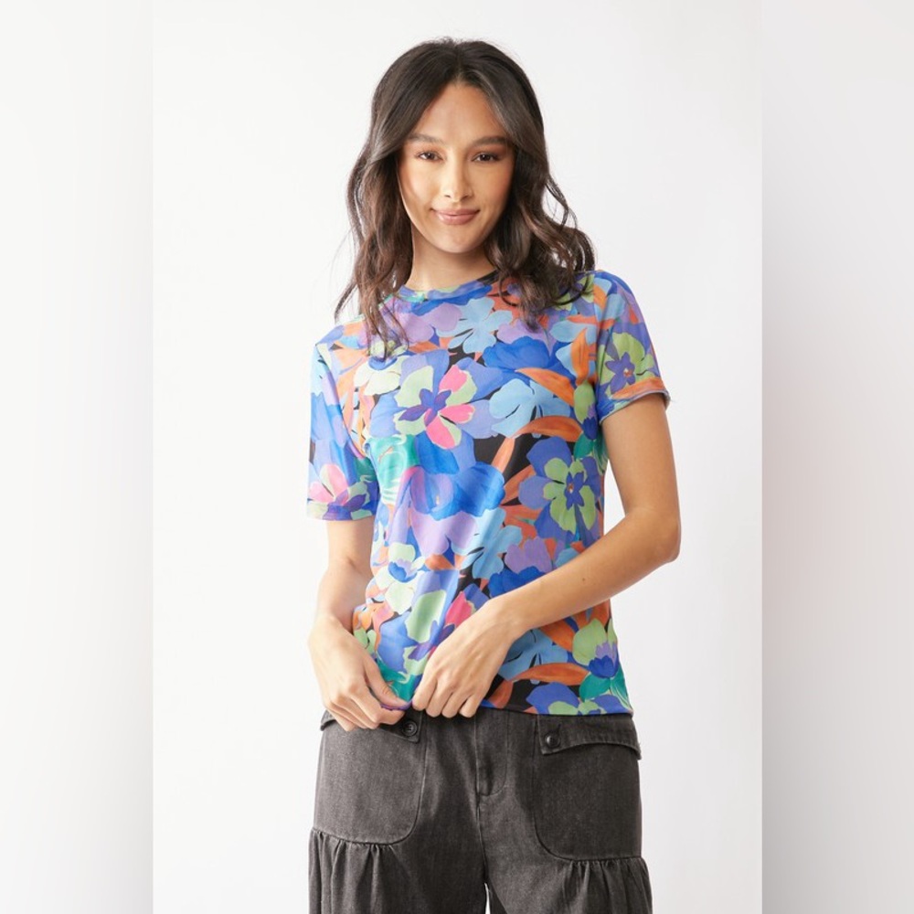 🟠 362B-BLUE. Floral Sheer Mesh Short Sleeve Top